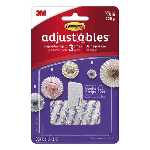 Command Adjustables small clear repositionable hooks, 6 pack with 12 adhesive strips
