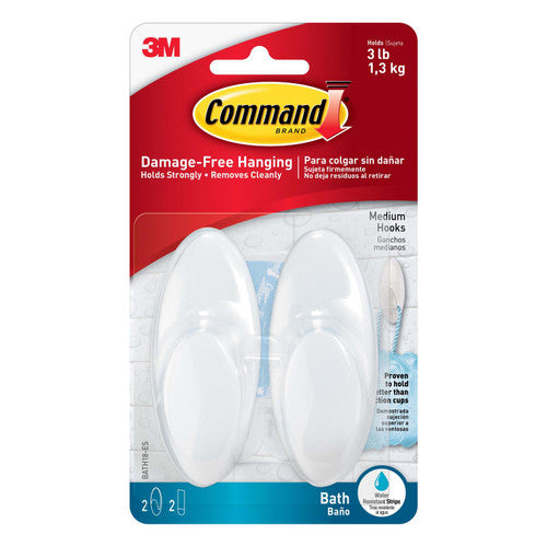 Command Medium Bath Hooks 2 Pack in frosted finish on white background
