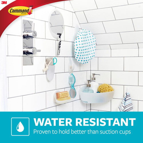 Command bath hook attached to shower glass panel