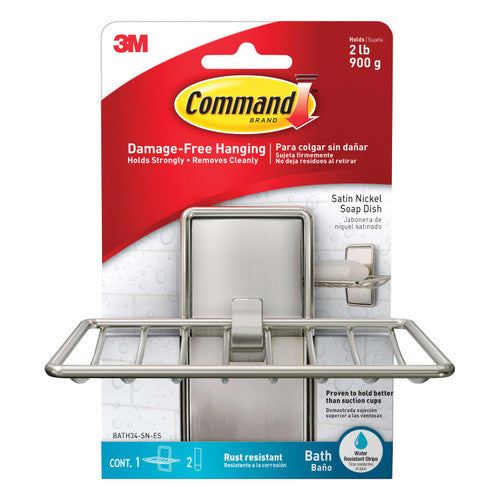 Command Bath Soap Dish in satin nickel mounted on a tiled bathroom wall