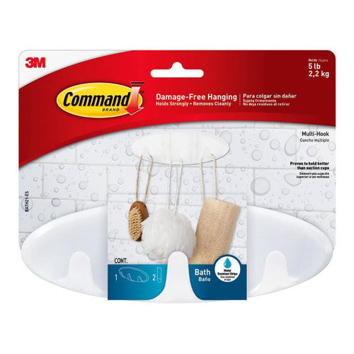 Command Bathroom Multi-Hook in frosted finish mounted on bathroom tile