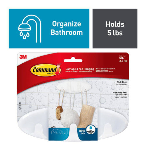 Command Multi-Hook holding shower accessories in a wet bathroom environment