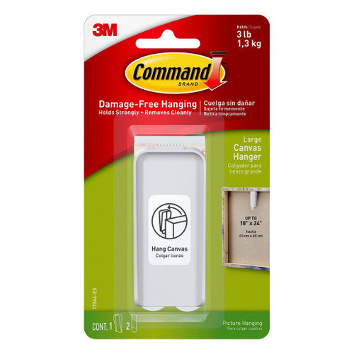 Command large white canvas picture hanger with adhesive strips on white background
