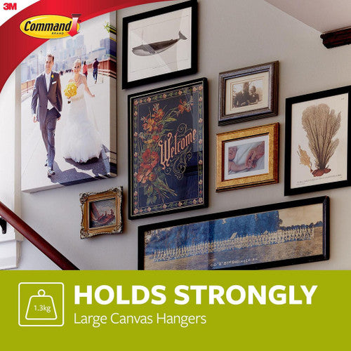 Command canvas hanger being removed cleanly from a wall with no residue left behind