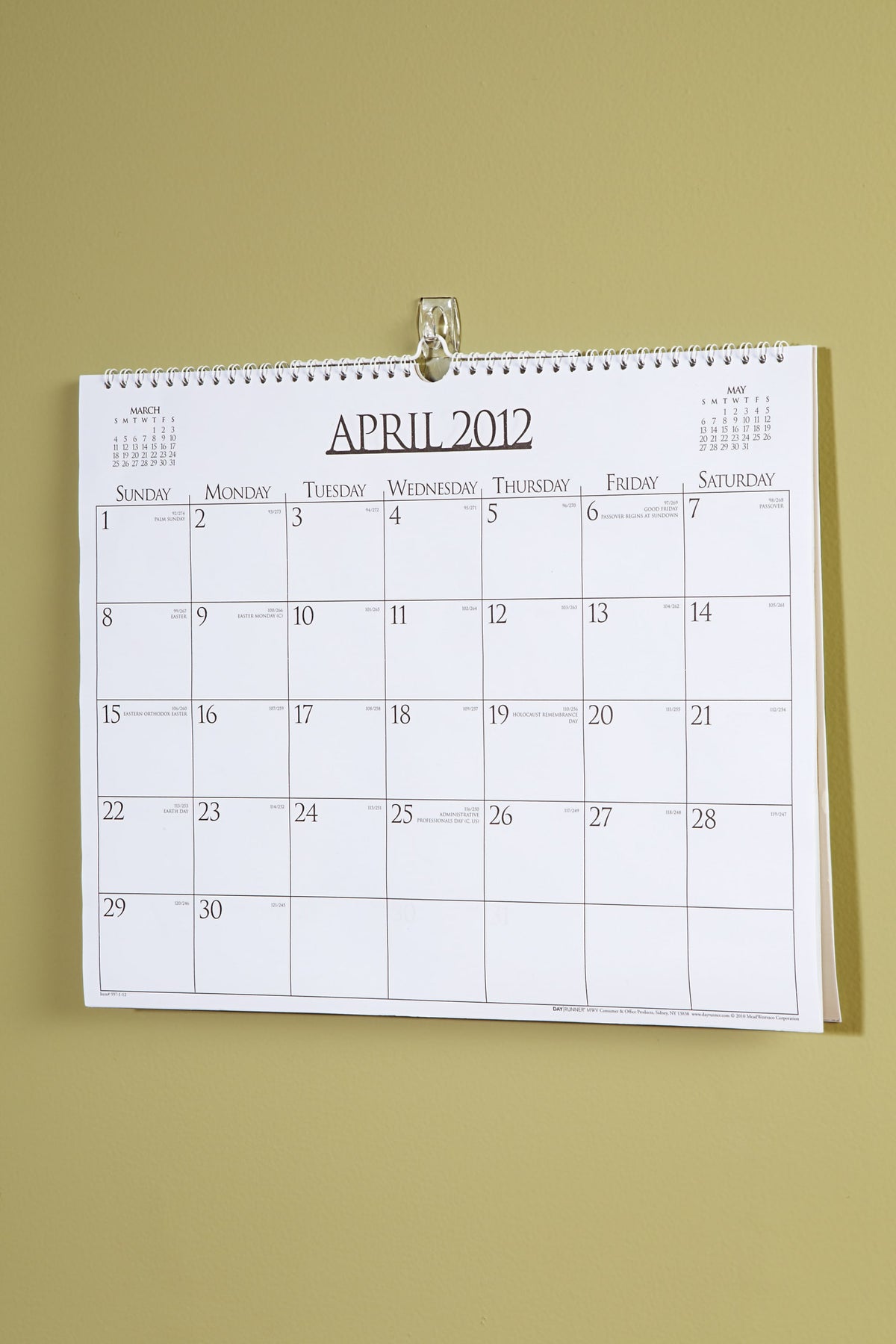 Spiral-bound wall calendar hanging from a single clear Command mini hook on an olive green painted wall.