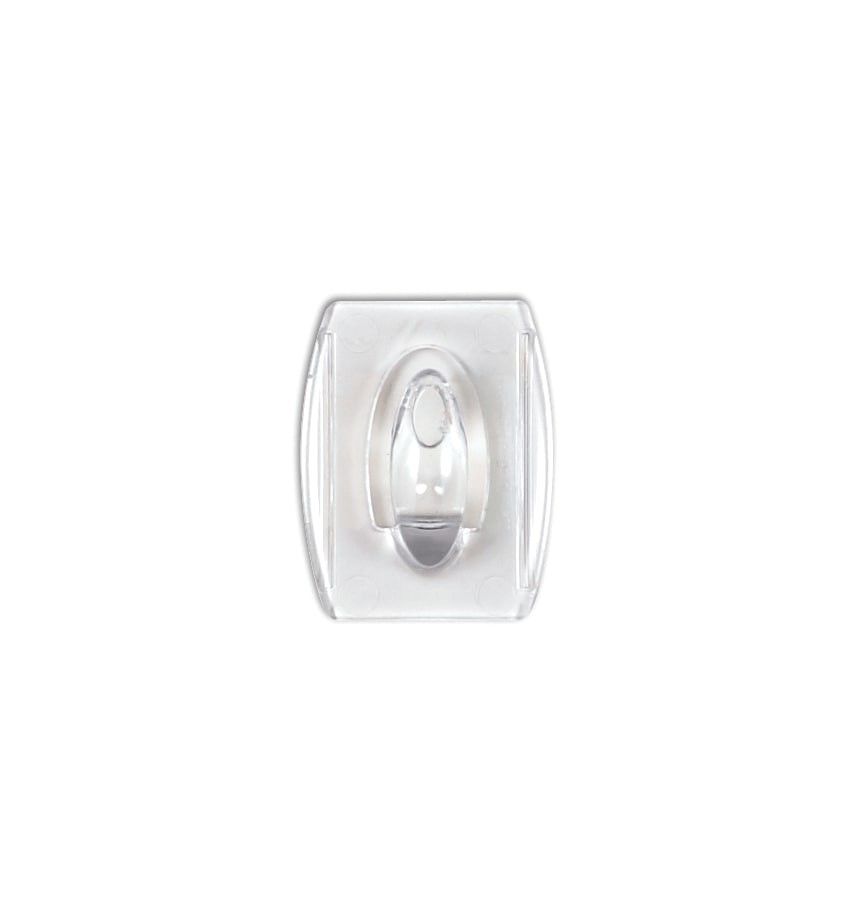 Front view of a single Command clear mini hook on a plain white background, showing the small hook and its flat clear base.