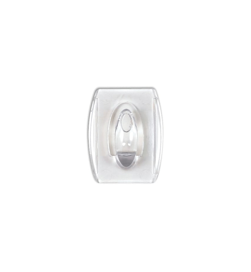 Front view of a single Command clear mini hook on a plain white background, showing the small hook and its flat clear base.