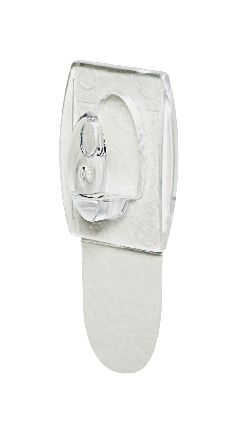 Single Command clear mini hook with its adhesive strip attached, shown at a three-quarter angle on a plain white background.