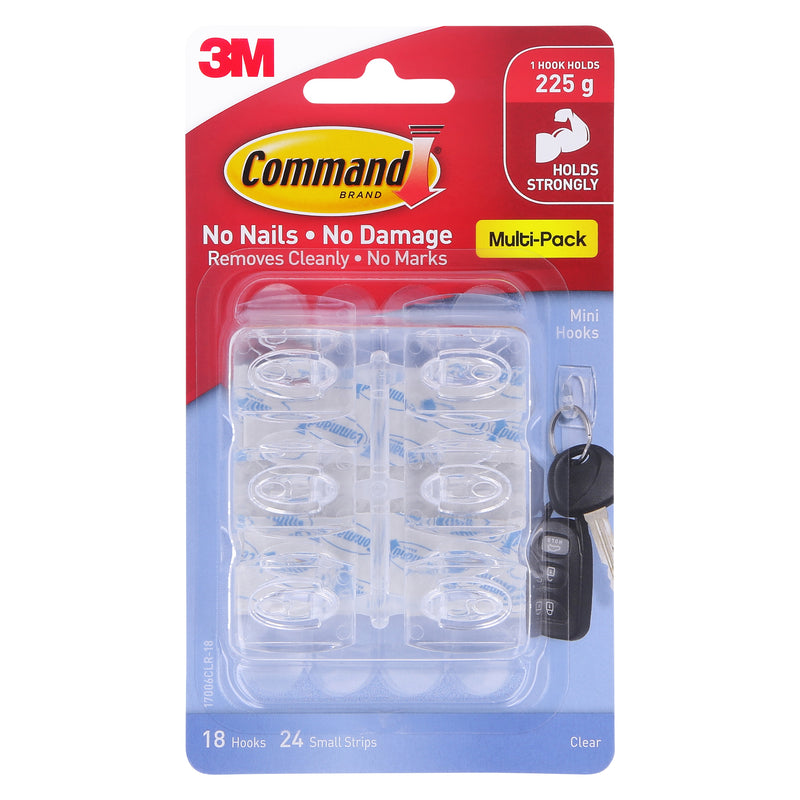 Command Mini Hooks multi-pack front, showing clear mini hooks and strips in the blister, a set of keys hanging from one hook and the footer reading 18 hooks, 24 small strips, clear.