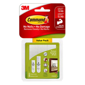 Command Picture Hanging Strips 17203VP value pack front with 4 small and 8 medium sets, printed small sets hold 1.8kg and medium sets 5.4kg