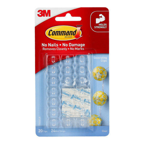 Command Clear Decorating Clips 20 Pack with 24 adhesive strips on white background
