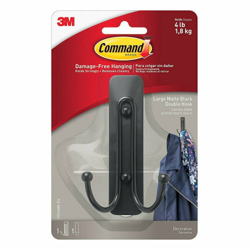 Command Large Double Hook in matte black on a white background