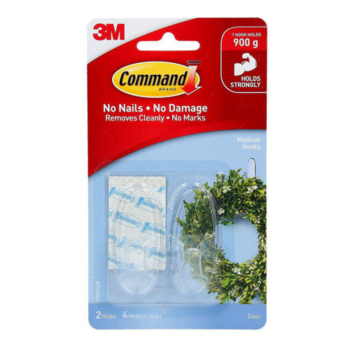 Command Clear Medium Hooks 2 Pack on a white background showing transparent hooks and adhesive strips