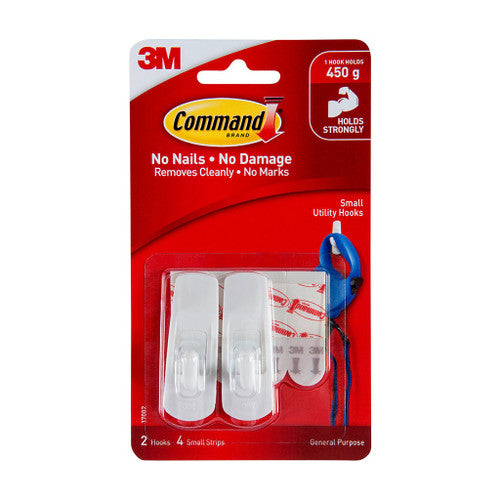 Command Small White Hooks 2 Pack front view showing hooks and adhesive strips