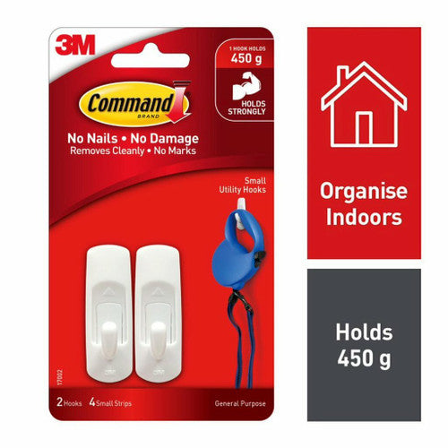 Command Small Hook close-up showing white finish and adhesive strip attachment