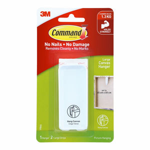 Command Large Canvas Hanger 17044 Australian pack front, printed 1 hanger holds 1.3kg, canvases up to 45 x 60cm, 1 hanger and 2 large strips