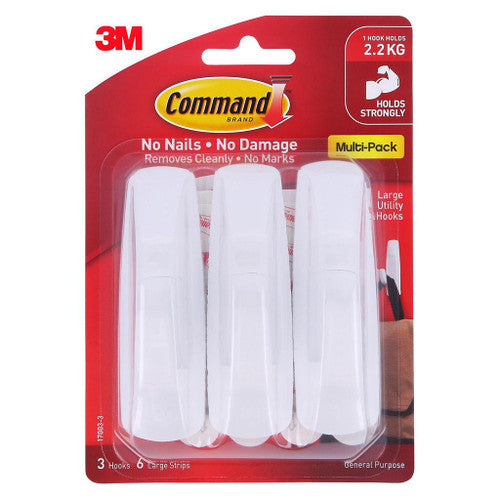 Command Large White Hooks 3 Pack front of packaging showing three hooks and adhesive strips