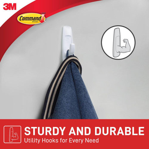 Three Command large white hooks laid flat beside six adhesive strips