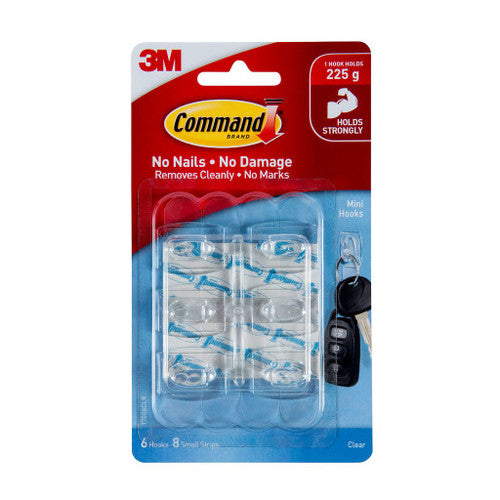 Command Clear Mini Hooks 6 pack with adhesive strips on white background