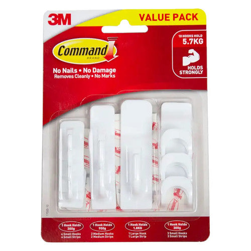 Command Mixed Hooks Value Pack showing assorted small, medium, large and hat hooks with adhesive strips