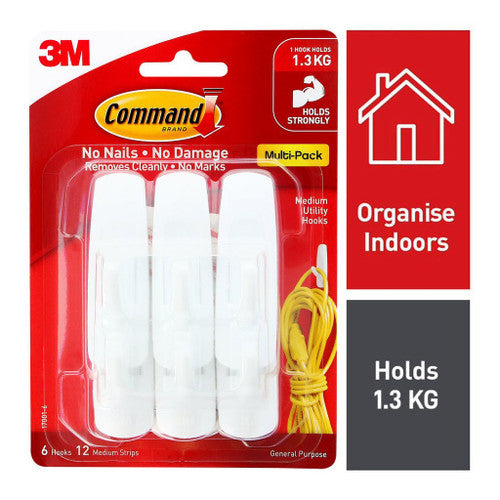 Six white Command medium hooks laid out on a white background