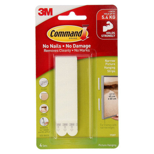Command Narrow Picture Hanging Strips White 4 Pack front packaging