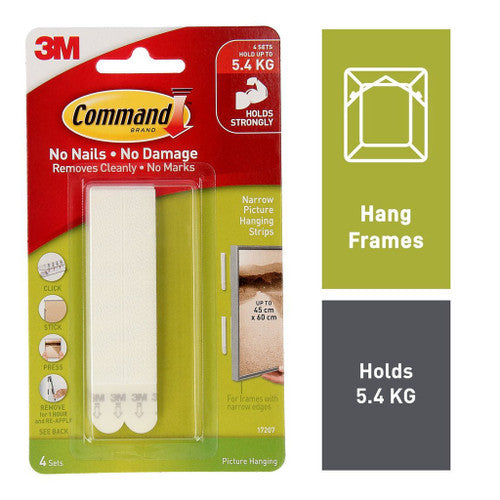 Command narrow adhesive strips shown on a narrow-rimmed picture frame
