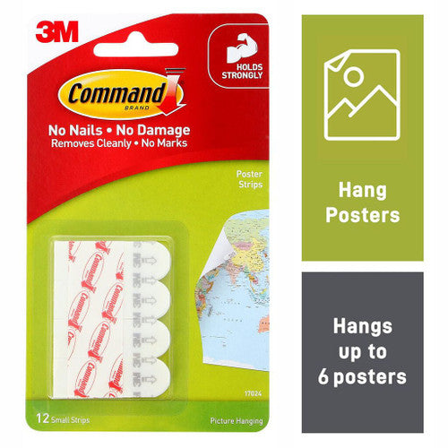 Close-up of Command small white adhesive poster strip applied to a smooth wall surface
