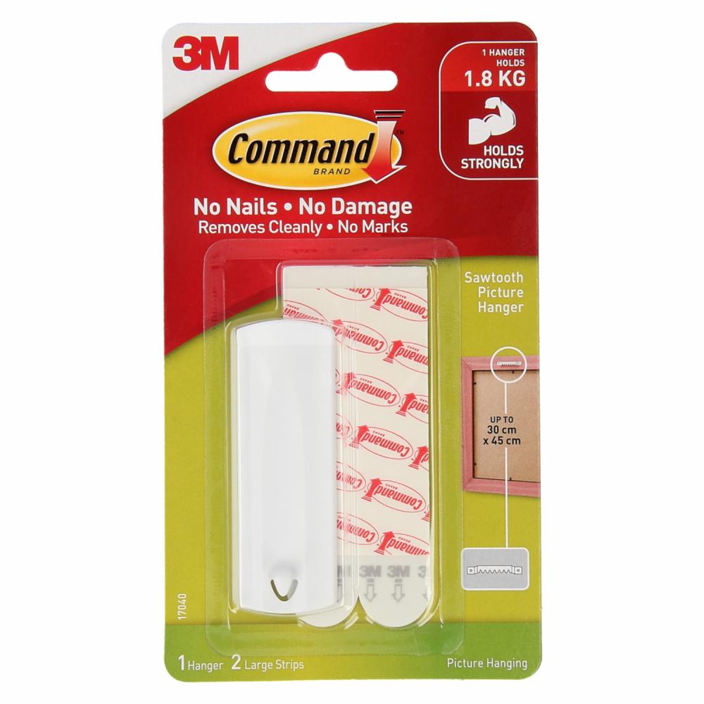 Command Sawtooth Picture Hanger 17040 pack front with one white hanger and two large strips, printed 1 hanger holds 1.8kg and frames up to 30 x 45cm
