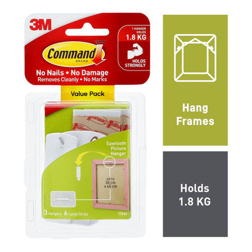 Command Sawtooth Picture Hangers 3 Pack White (1.3kg) - image 2