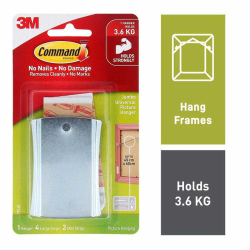 Command Jumbo Metal Picture Hanger pack contents including large and mini adhesive strips