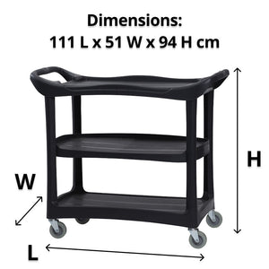 Dimension graphic of the black Compass 722495B three shelf utility cart with L, W and H arrows, captioned Dimensions 111 L x 51 W x 94 H cm