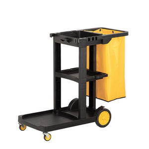 Compass 7224800 basic janitors cart on a white background: a black moulded three tier frame with a yellow bag hung on the right hand end, a large wheel with a yellow hub at the bag end and small yellow castors at the other end.