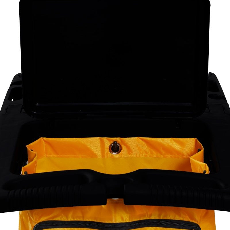 Close view looking down into the empty yellow Compass 7224801B vinyl bag with the cart lid propped open above it, showing the inside of the bag. Only the bag is supplied, not the cart or its lid.