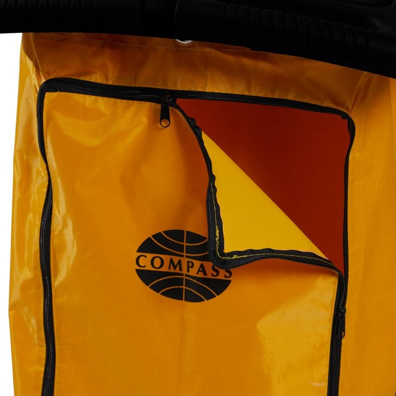 Close view of the Compass 7224801B yellow vinyl bag with the side zip peeled back, showing the zip tape, the inner face of the vinyl and the Compass logo.