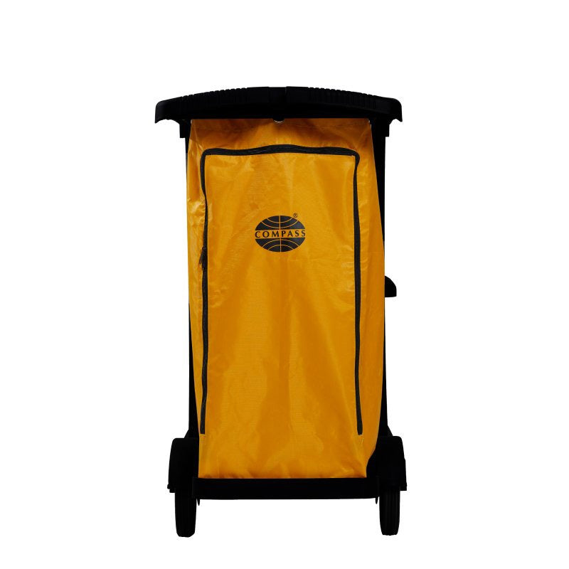 Compass 7224801B replacement bag shown fitted to a complete Compass 7224801 janitors cart against white, with the Compass roundel centred on the yellow vinyl. Only the bag is supplied, not the cart or its lid.