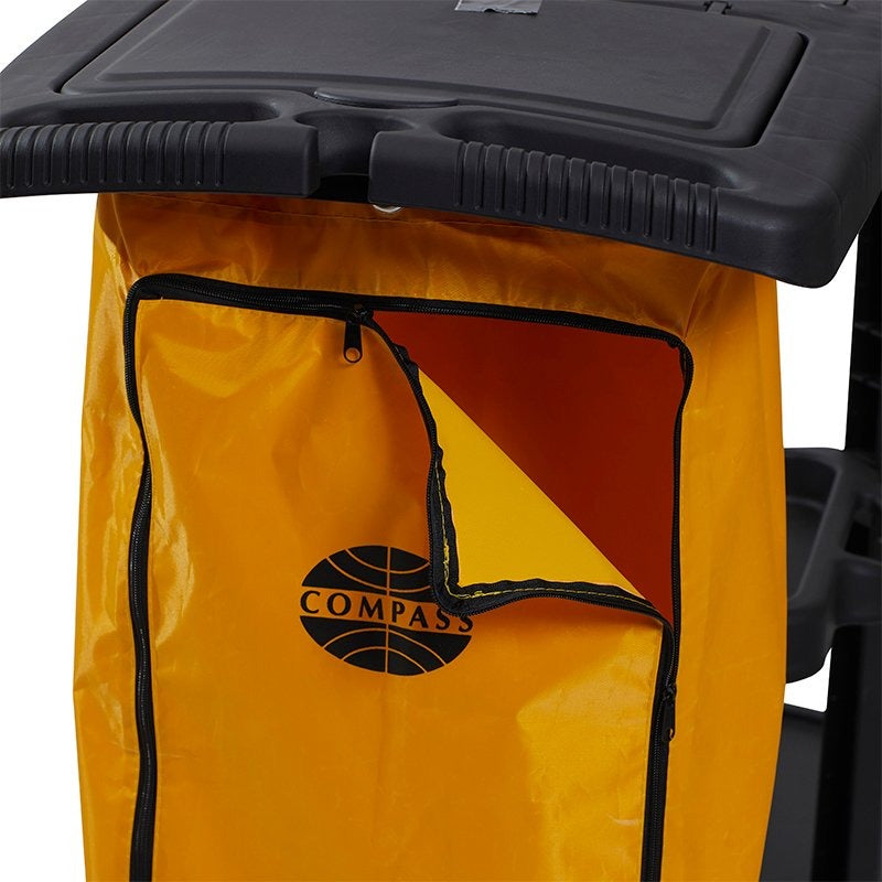 Close view of the side zip on the Compass 7224801 yellow vinyl bag, half opened to show the red orange inner face of the vinyl beside the Compass logo.