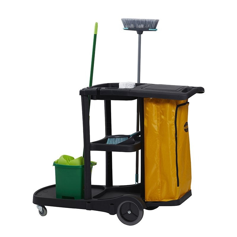 Studio photograph on a white background of the Compass 7224801 janitors cart set up with a green mop, a broom, a green bucket and white cloths. Those items are not included with the cart.