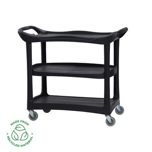 Compass 722495B three shelf utility cart on a white background: three black moulded shelves on black pillars, four swivel castors, and a green made from recycled materials roundel at the lower left.