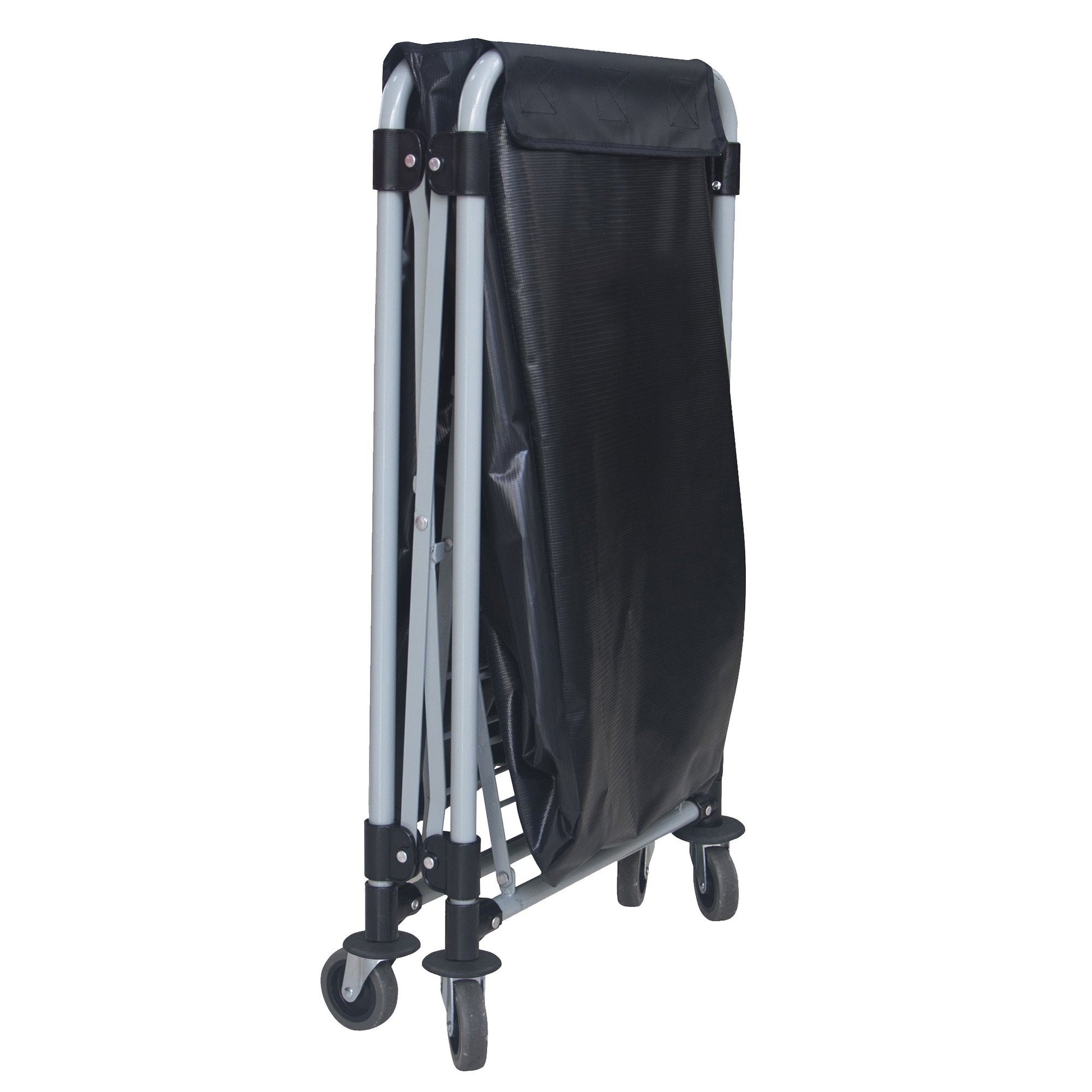 Compass 722497 laundry cart fully collapsed and standing upright on its castors against a white background, showing how thin the frame becomes for storage.