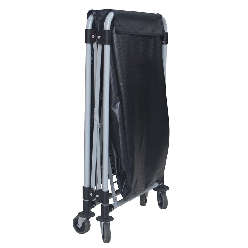Compass 722497 laundry cart fully collapsed and standing upright on its castors against a white background, showing how thin the frame becomes for storage.