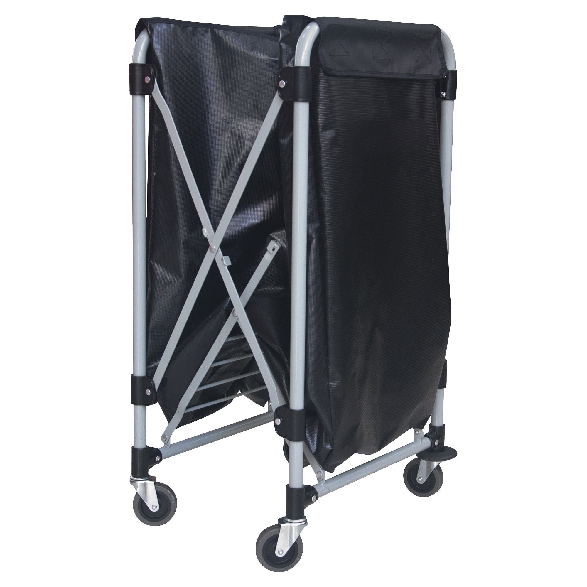 Compass 722497 collapsible laundry cart photographed three quarter on and part collapsed against white, showing the X frame geometry, the twin black vinyl bags and the castors.