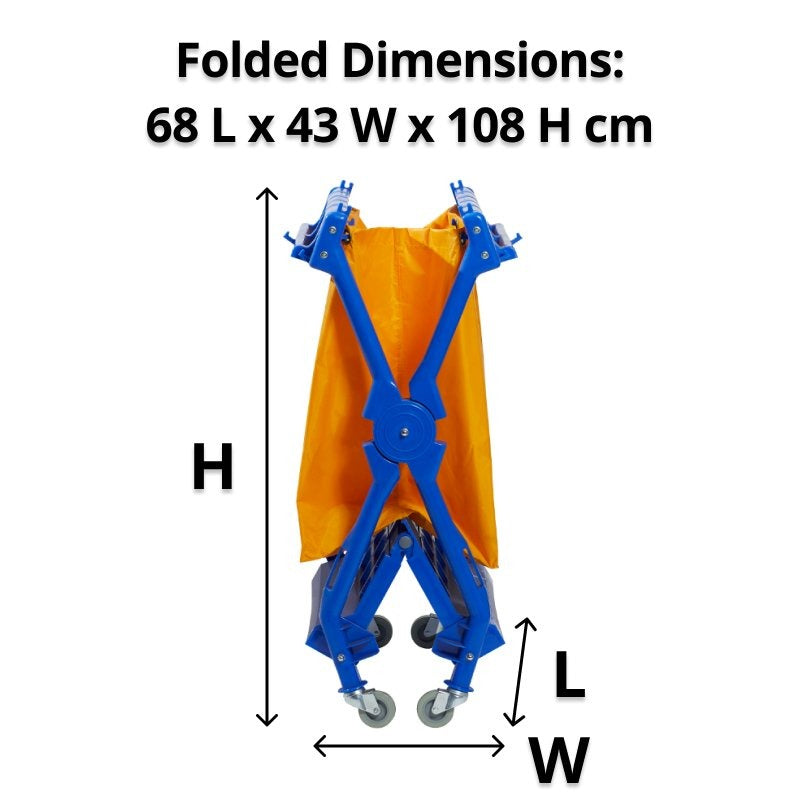 Dimension diagram of the Compass 722498 laundry cart folded flat, with arrows and the printed caption Folded Dimensions: 68 L x 43 W x 108 H cm.