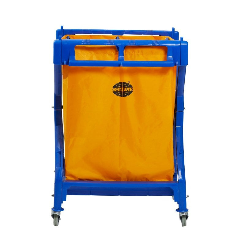 Front on view of the Compass 722498 laundry cart on a white background, showing the top rail of the blue frame and the way the nylon bag is suspended from it.
