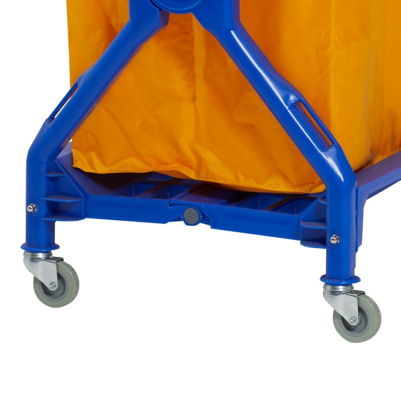 Close up of the scissor pivot on the blue frame of the Compass 722498 laundry cart, with the base support shelf visible under the nylon bag.
