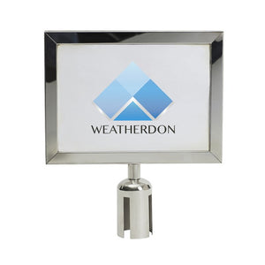 Compass 781211H polished stainless steel A4 landscape sign frame with a Weatherdon logo insert, on its round collar for a barrier post