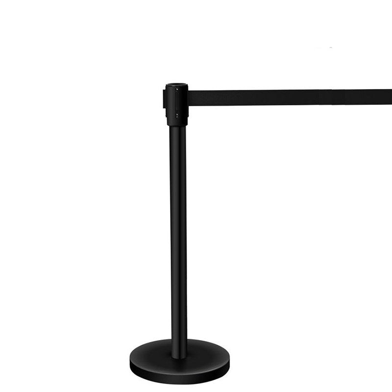 Compass 781203 matt black belt barrier post with the black nylon belt pulled out sideways from the head, on a round black base