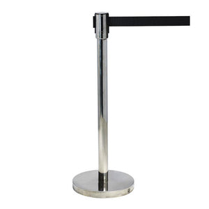 Compass 781201 polished stainless steel belt barrier post with the black nylon belt pulled out from the head, round base below