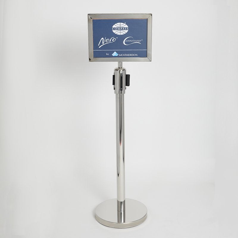 Compass polished barrier post with an A4 landscape sign frame fitted on top, sign sold separately