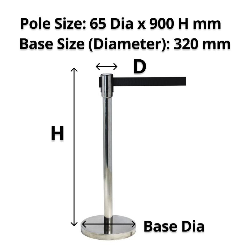 Compass belt barrier post with arrows for pole diameter, height and base, captioned Pole Size 65 Dia x 900 H mm, Base Size 320 mm